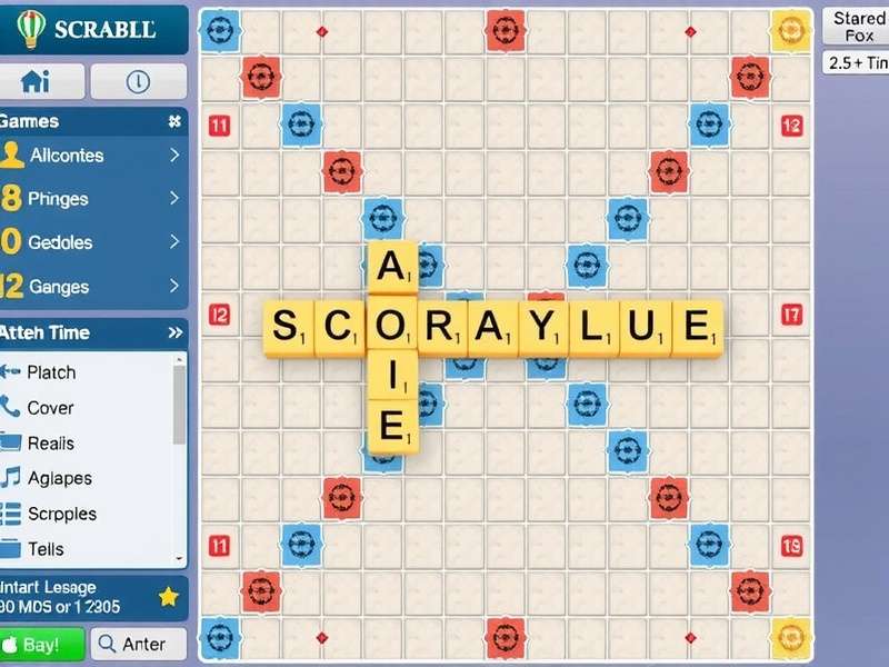 Pogo Scrabble Power-ups menu showing Word Hint, Tile Peek, and Score Doubler