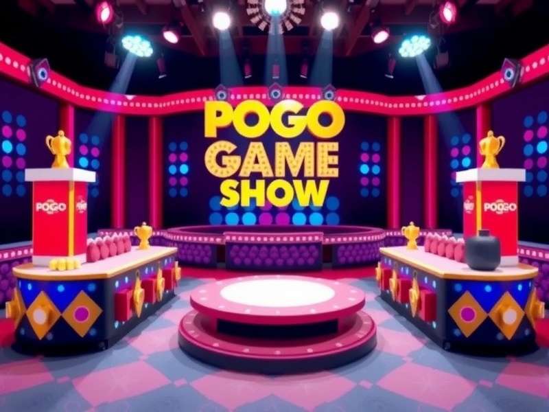 Pogo game show host interacting with contestants in a studio setting