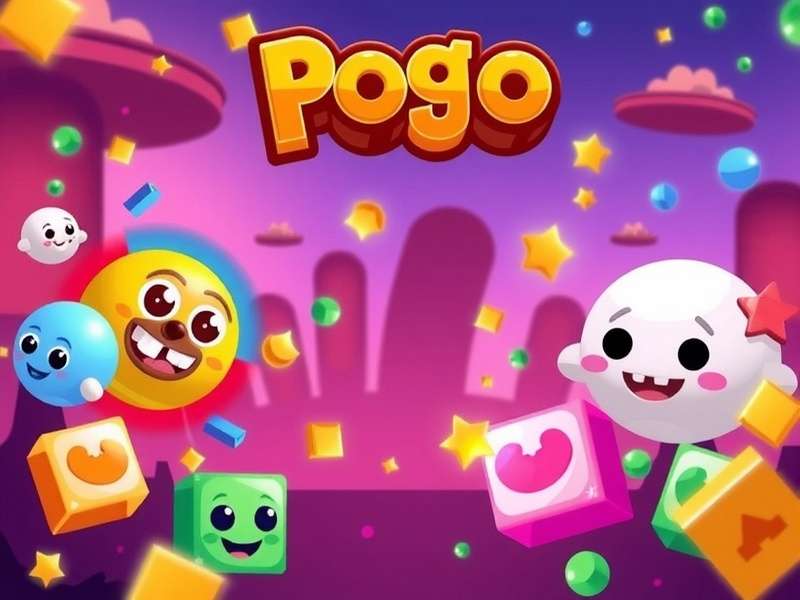 Vibrant digital collage of popular Pogo games including word puzzles, card games, and poppit bubbles