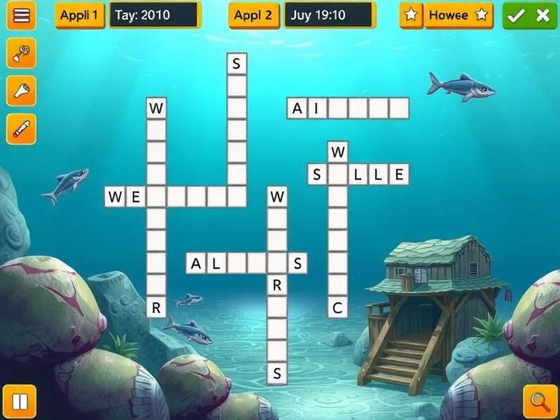 Crossword Cove Pogo Game screenshot showing crossword puzzles and tropical island theme